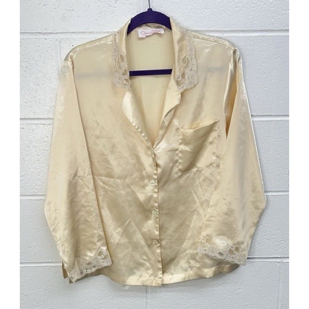 Oscar de la Renta Pink Label Champagne Satin Lace Trim LS Pajama Top / Medium